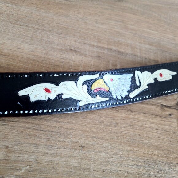 Handmade black tooled leather belt with painted eagles. - Picture 1 of 7